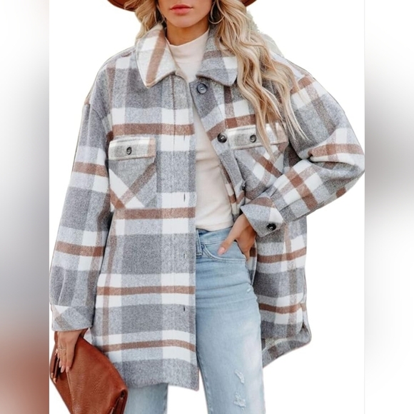 Plaid Brushed Flannel Flap Pocket Drop Shoulder Coat Shacket Women's Medium NWOT - Picture 5 of 16